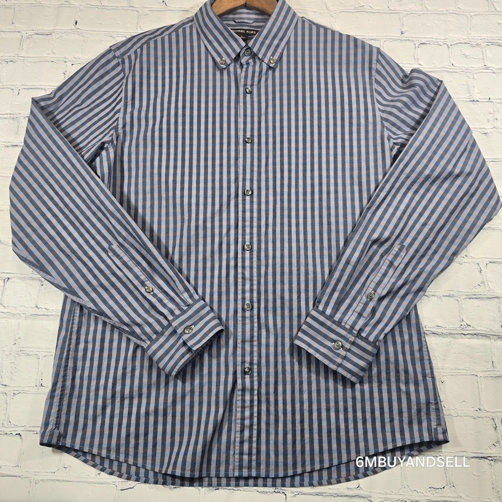 Michael Kors Mens Slim Fit Gingham Button Down Shirt Blue Grey CS04CK87VC Large - Picture 1 of 12